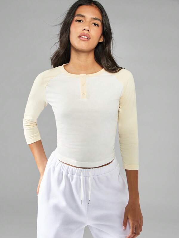 missguided MISSGUIDED Color Block Three Quarter Sleeve Henley Top With Button Detail