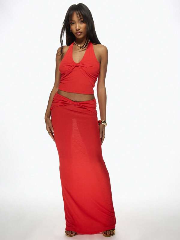 missguided MISSGUIDED Contemporary Halter Neck Twist Front Maxi Skirt Two-Piece Outfit