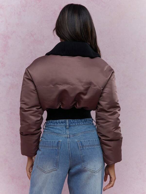 Missguided MISSGUIDED Contrast Collar Padded Long Sleeves Zip Through Cropped Jacket Winter Wear