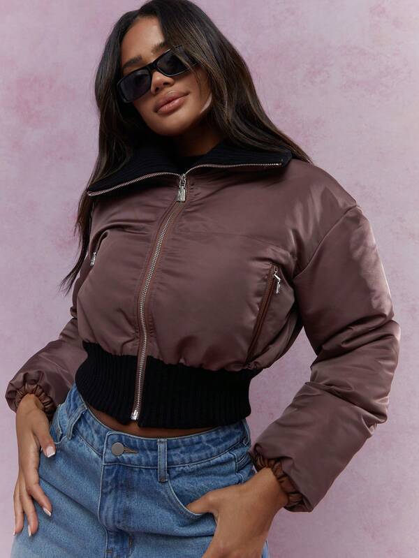 Missguided MISSGUIDED Contrast Collar Padded Long Sleeves Zip Through Cropped Jacket Winter Wear