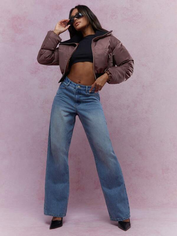 Missguided MISSGUIDED Contrast Collar Padded Long Sleeves Zip Through Cropped Jacket Winter Wear