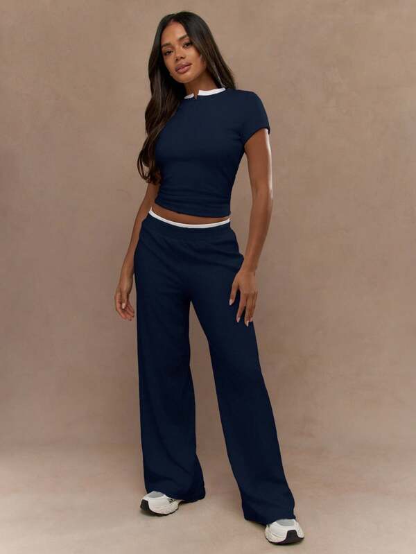 Missguided MISSGUIDED Contrast Collar Top And Wide Leg Pants Set