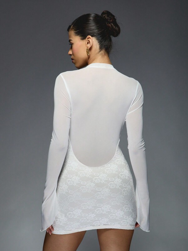 Missguided MISSGUIDED Contrast Sheer Mesh Panelled Long Sleeves Lace Bodycon Mini Dress