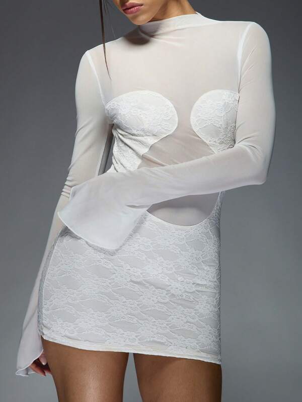 Missguided MISSGUIDED Contrast Sheer Mesh Panelled Long Sleeves Lace Bodycon Mini Dress