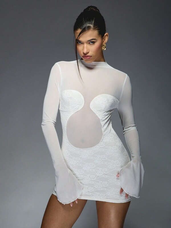 missguided MISSGUIDED Contrast Sheer Mesh Panelled Long Sleeves Lace Bodycon Mini Dress