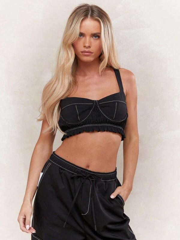 missguided MISSGUIDED Contrast Stitching Bust Detail Frill Hem Crop Cami Top