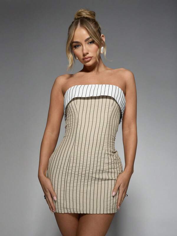missguided MISSGUIDED Contrast Stripe Folded Bandeau Mini Dress Cute Sundress