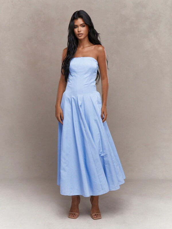 missguided MISSGUIDED Corset Bust Pleated Bandeau Maxi Dress With Scrunchie