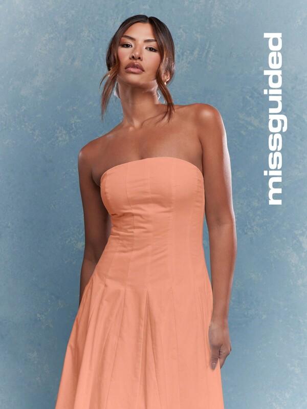 Missguided MISSGUIDED Corset Bust Pleated Bandeau With Scrunchie Midi Dress