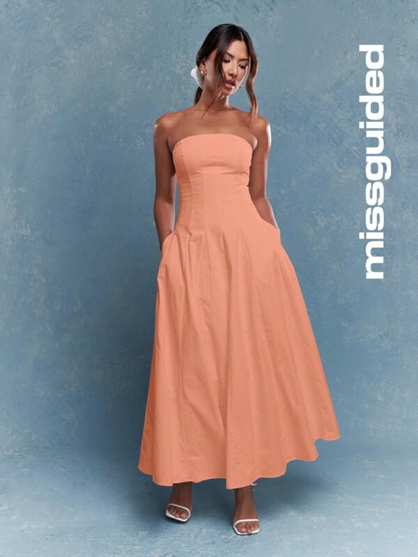 missguided MISSGUIDED Corset Bust Pleated Bandeau With Scrunchie Midi Dress