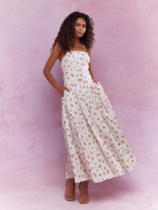 missguided MISSGUIDED Corset Bust Pleated Flowy Floral Print Midi Dress