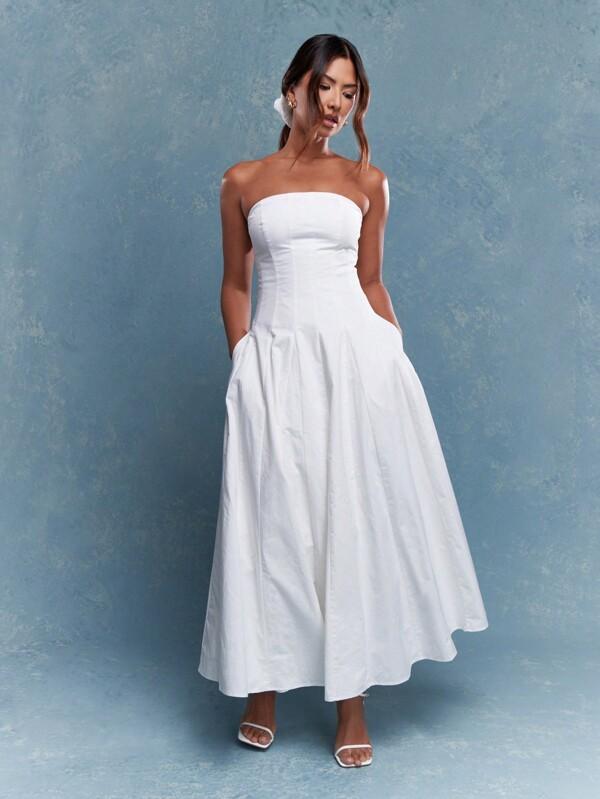 missguided MISSGUIDED Corset Bust Pleated Strapless Bandeau Maxi Dress With Scrunchie Mother Day Outfit Cute Sundress