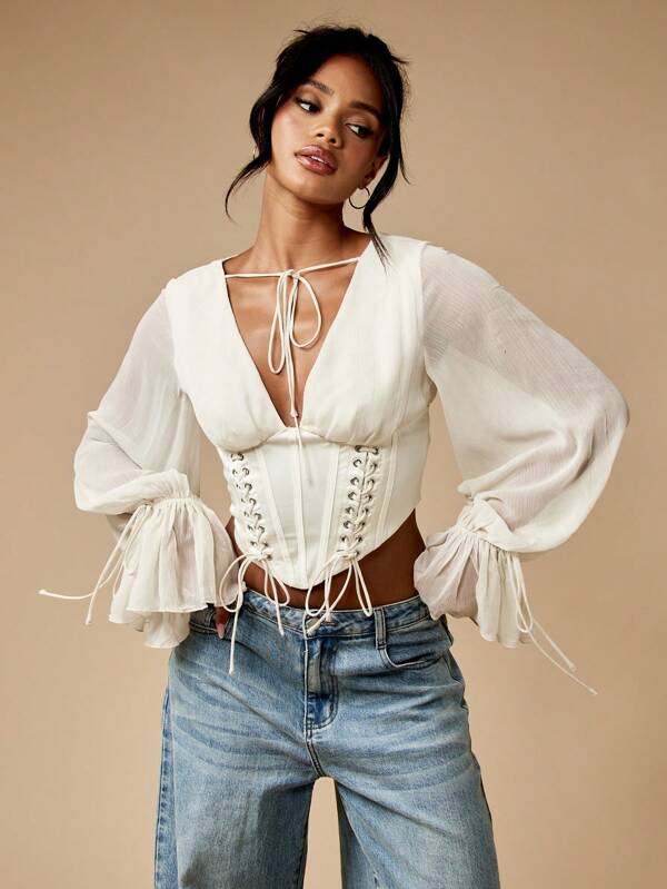 Missguided MISSGUIDED Corset Lace Up Top With Puff Sleeves And Ruffles