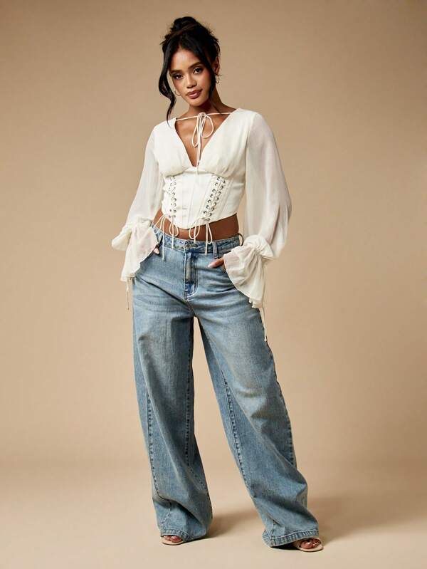 Missguided MISSGUIDED Corset Lace Up Top With Puff Sleeves And Ruffles