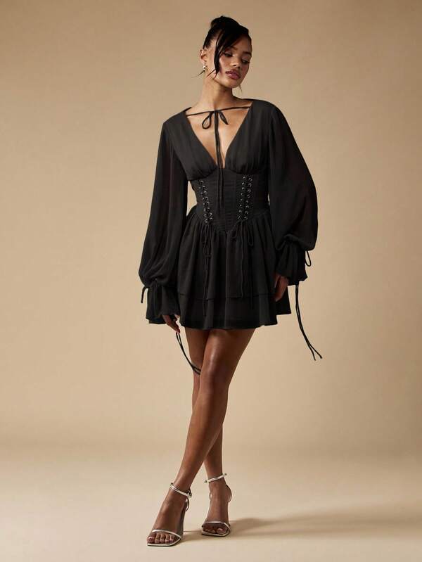 Missguided MISSGUIDED Corset Mini Dress With Balloon Sleeves And Lace Detail