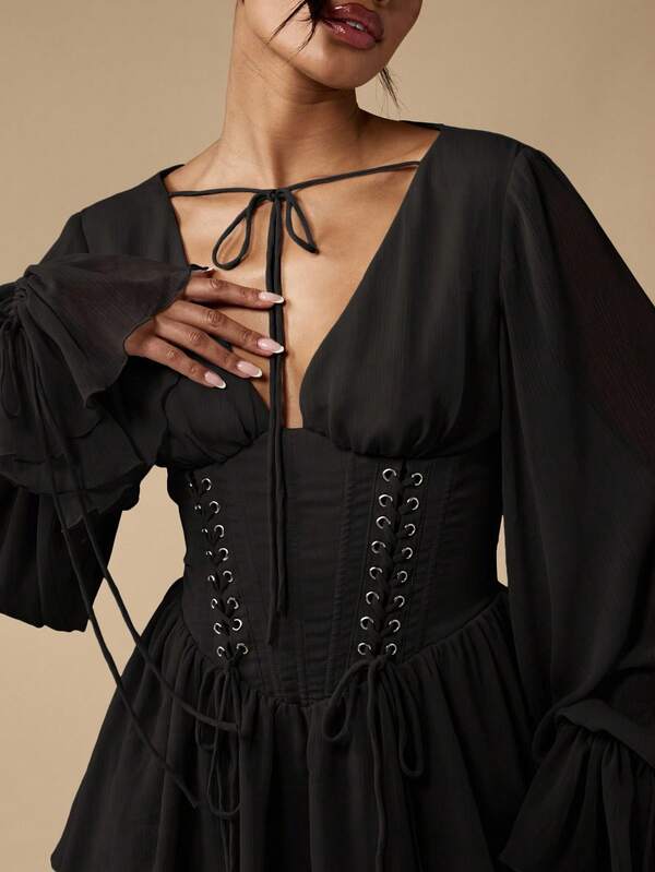 Missguided MISSGUIDED Corset Mini Dress With Balloon Sleeves And Lace Detail