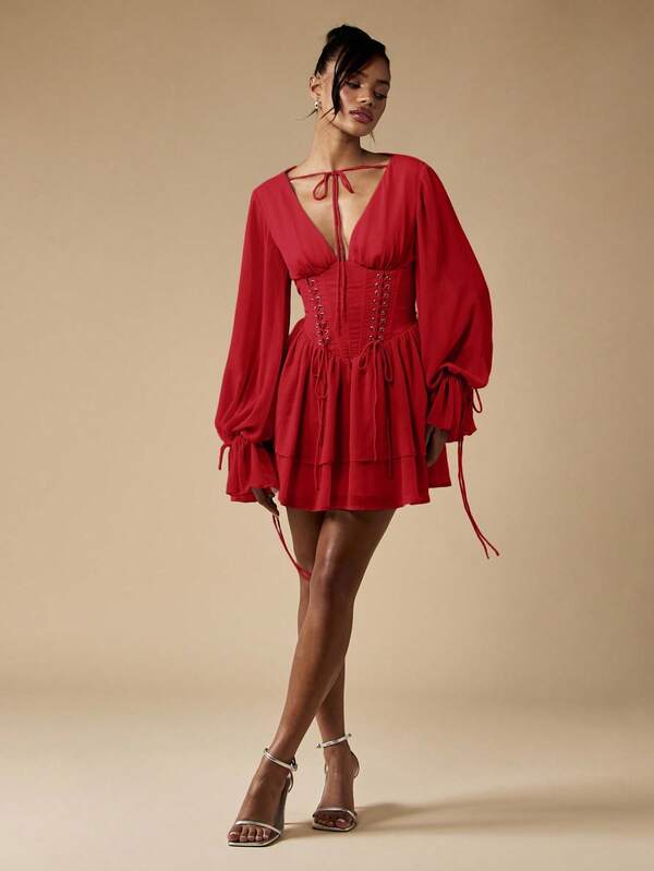 Missguided MISSGUIDED Corset Mini Dress With Balloon Sleeves And Lace Up Detail
