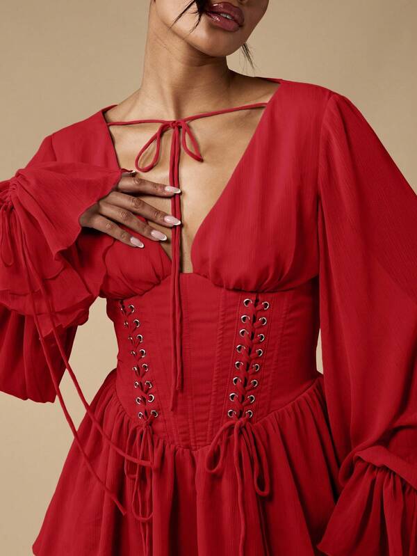Missguided MISSGUIDED Corset Mini Dress With Balloon Sleeves And Lace Up Detail