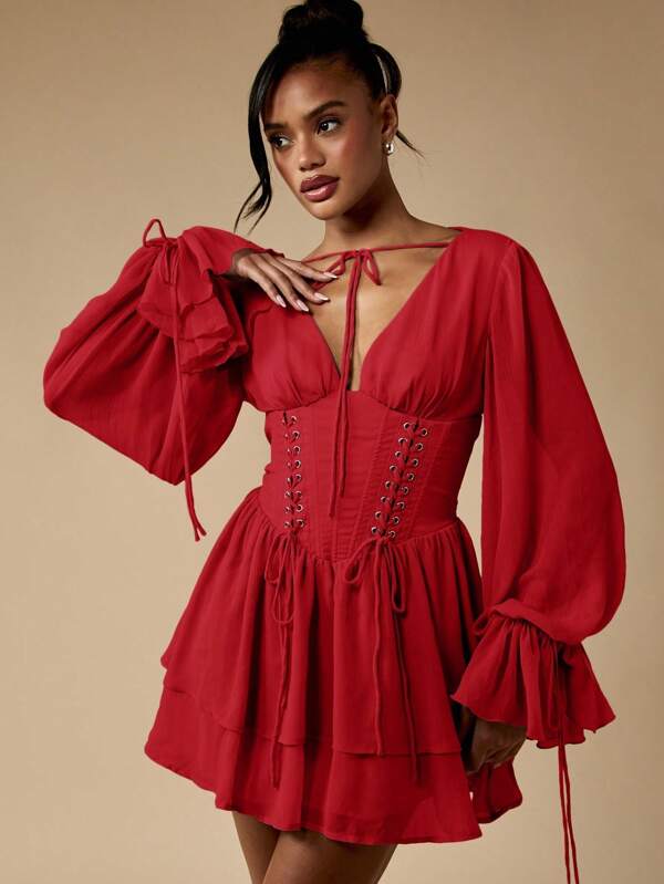 Missguided MISSGUIDED Corset Mini Dress With Balloon Sleeves And Lace Up Detail