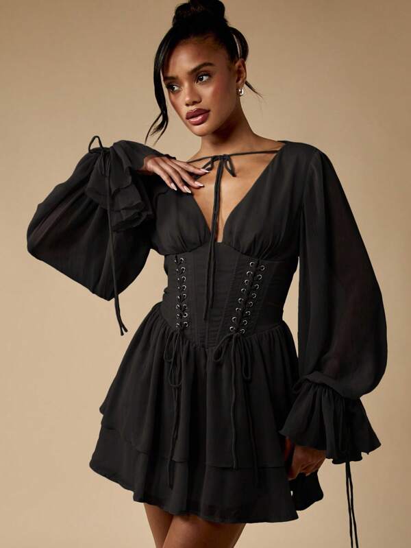 missguided MISSGUIDED Corset Mini Dress With Balloon Sleeves And Lace Detail