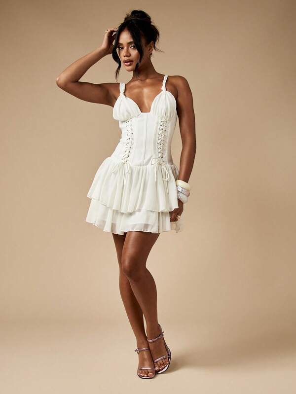 Missguided MISSGUIDED Corset Mini Dress With Lace Up Detail And Ruffle Hem