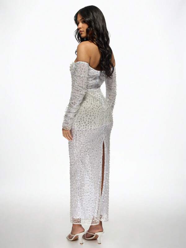 Missguided MISSGUIDED Corset Off Shoulder Sequin Embellished Maxi Dress