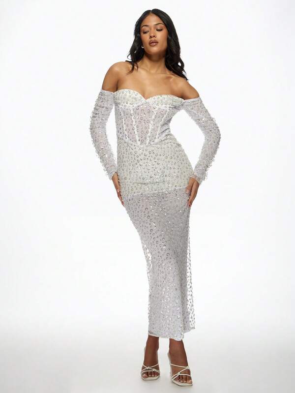 Missguided MISSGUIDED Corset Off Shoulder Sequin Embellished Maxi Dress