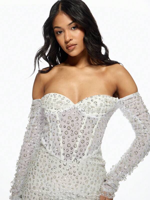 Missguided MISSGUIDED Corset Off Shoulder Sequin Embellished Maxi Dress