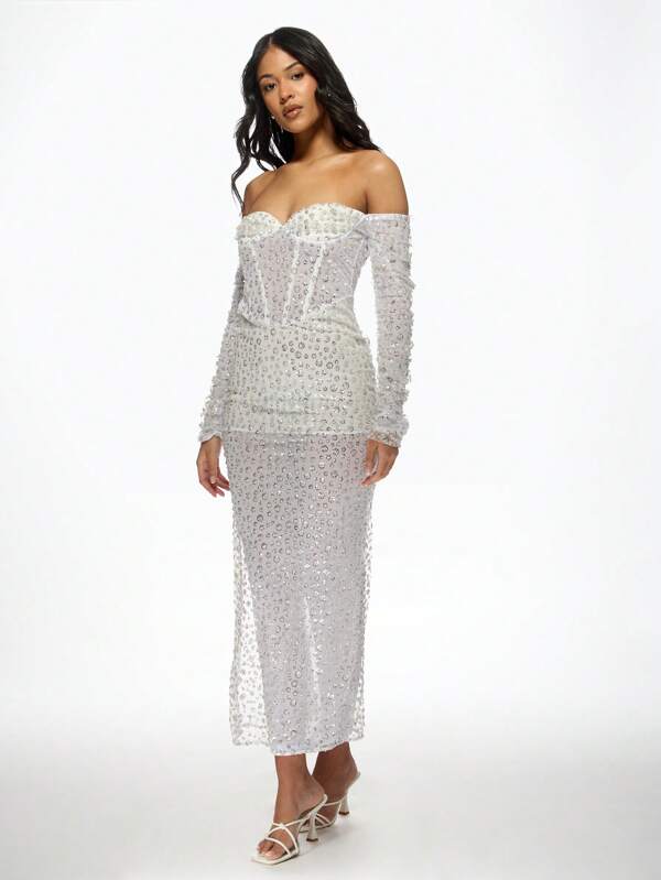 missguided MISSGUIDED Corset Off Shoulder Sequin Embellished Maxi Dress