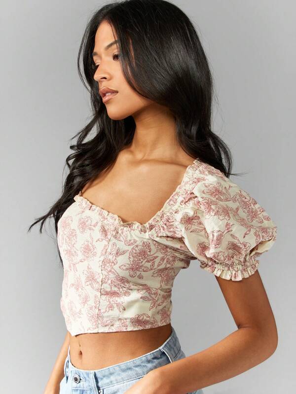 missguided MISSGUIDED Corset Style Puff Sleeve Square Neck Crop Top