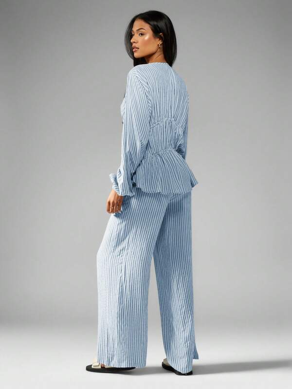 Missguided MISSGUIDED Corset Style Tie Front Wide Leg Two-Piece Blouse Pant Outfit