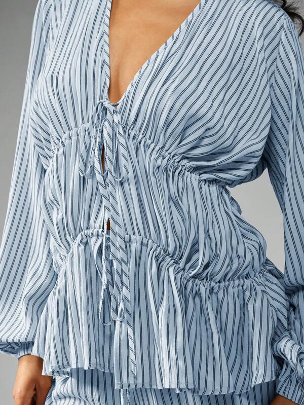 Missguided MISSGUIDED Corset Style Tie Front Wide Leg Two-Piece Blouse Pant Outfit