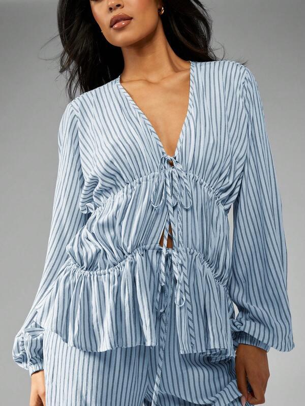 Missguided MISSGUIDED Corset Style Tie Front Wide Leg Two-Piece Blouse Pant Outfit