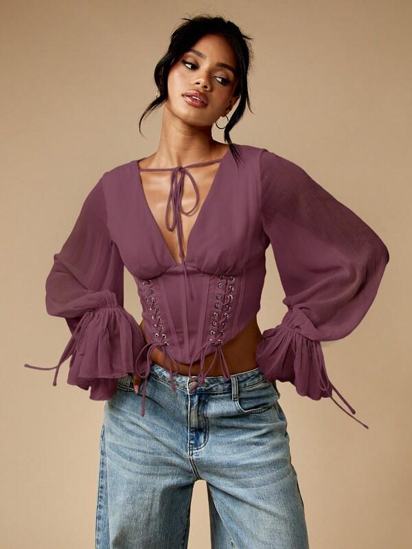Missguided MISSGUIDED Corset Top With Balloon Sleeve Chiffon Blouse