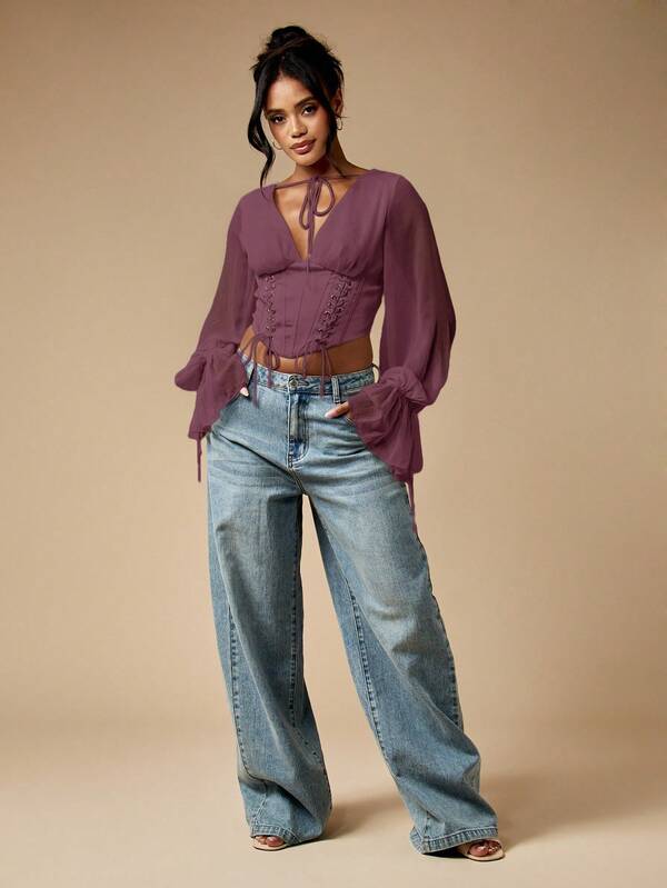 Missguided MISSGUIDED Corset Top With Balloon Sleeve Chiffon Blouse