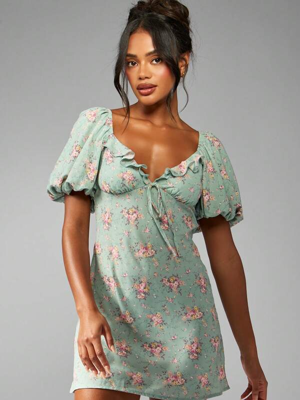 Missguided MISSGUIDED Cottage Core Floral Mini Dress With Puff Sleeves Ruffle Trim