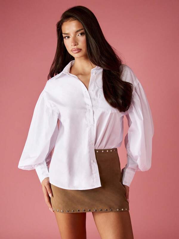 Missguided MISSGUIDED Cotton Button Down Shirt With Dramatic Puff Sleeves