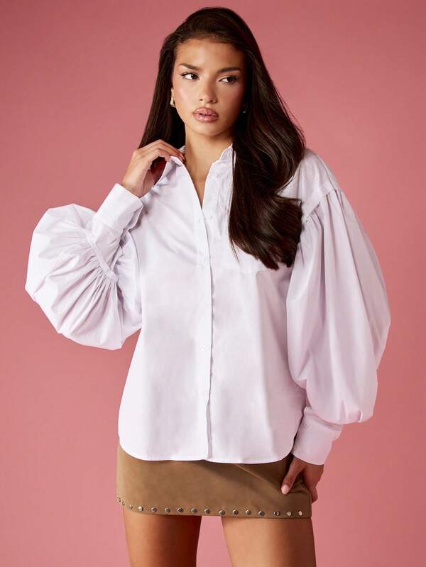 missguided MISSGUIDED Cotton Button Down Shirt With Dramatic Puff Sleeves