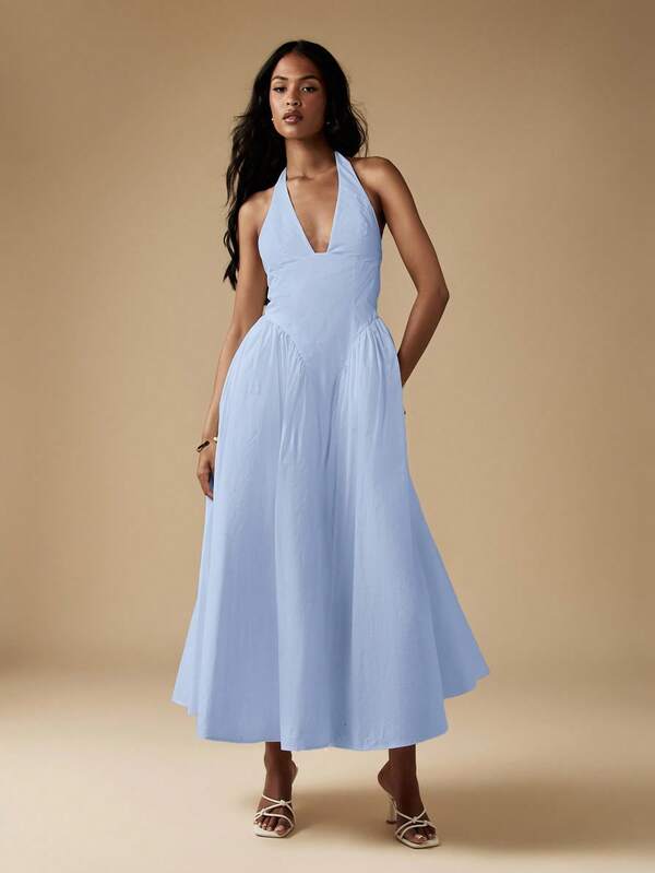 Missguided MISSGUIDED Cotton Poplin Halter Neck Midi Dress With Ruching
