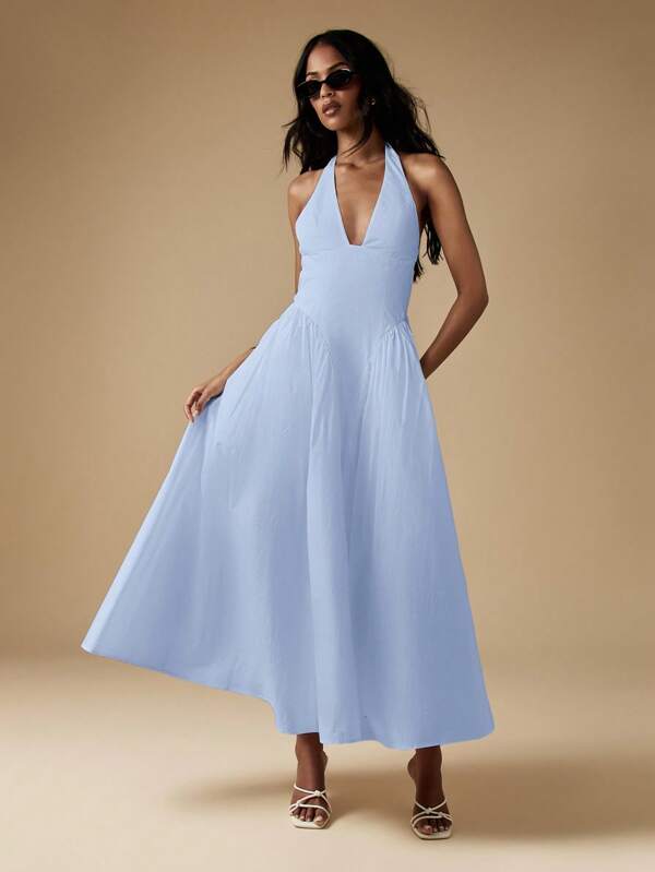missguided MISSGUIDED Cotton Poplin Halter Neck Midi Dress With Ruching