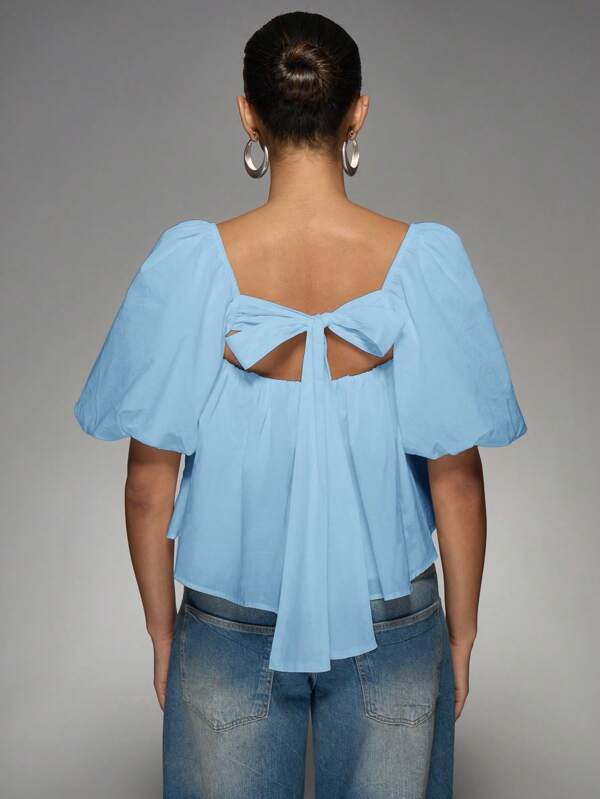 Missguided MISSGUIDED Cotton Poplin Square Neck Puff Sleeve Crop Blouse Tie Back