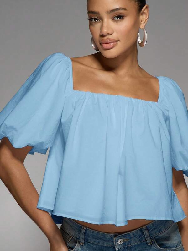 Missguided MISSGUIDED Cotton Poplin Square Neck Puff Sleeve Crop Blouse Tie Back