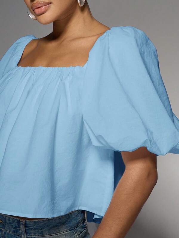 Missguided MISSGUIDED Cotton Poplin Square Neck Puff Sleeve Crop Blouse Tie Back
