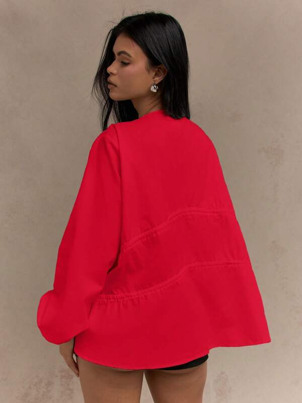 Missguided MISSGUIDED Cotton Tie Front Ruched Puff Sleeve Blouse