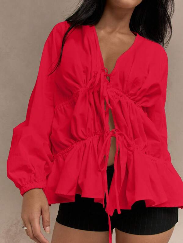 Missguided MISSGUIDED Cotton Tie Front Ruched Puff Sleeve Blouse