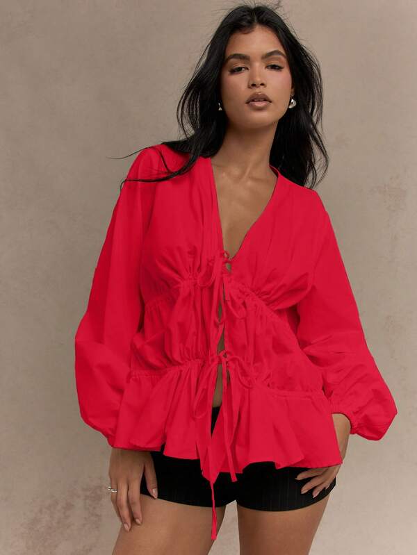 Missguided MISSGUIDED Cotton Tie Front Ruched Puff Sleeve Blouse