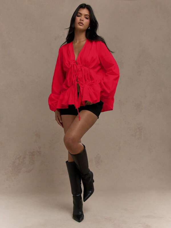 missguided MISSGUIDED Cotton Tie Front Ruched Puff Sleeve Blouse