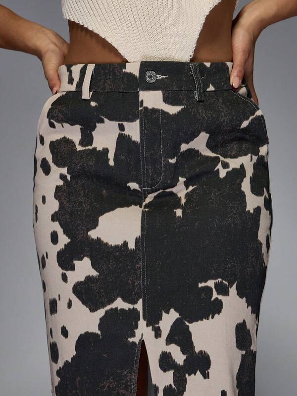 Missguided MISSGUIDED Cow Print Maxi Skirt With Front Slit