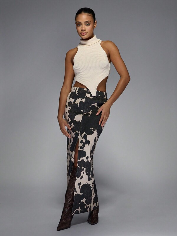 Missguided MISSGUIDED Cow Print Maxi Skirt With Front Slit