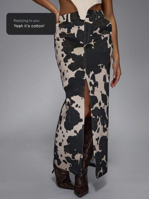 missguided MISSGUIDED Cow Print Maxi Skirt With Front Slit missguided MISSGUIDED Cow Print Maxi Skirt With Front Slit